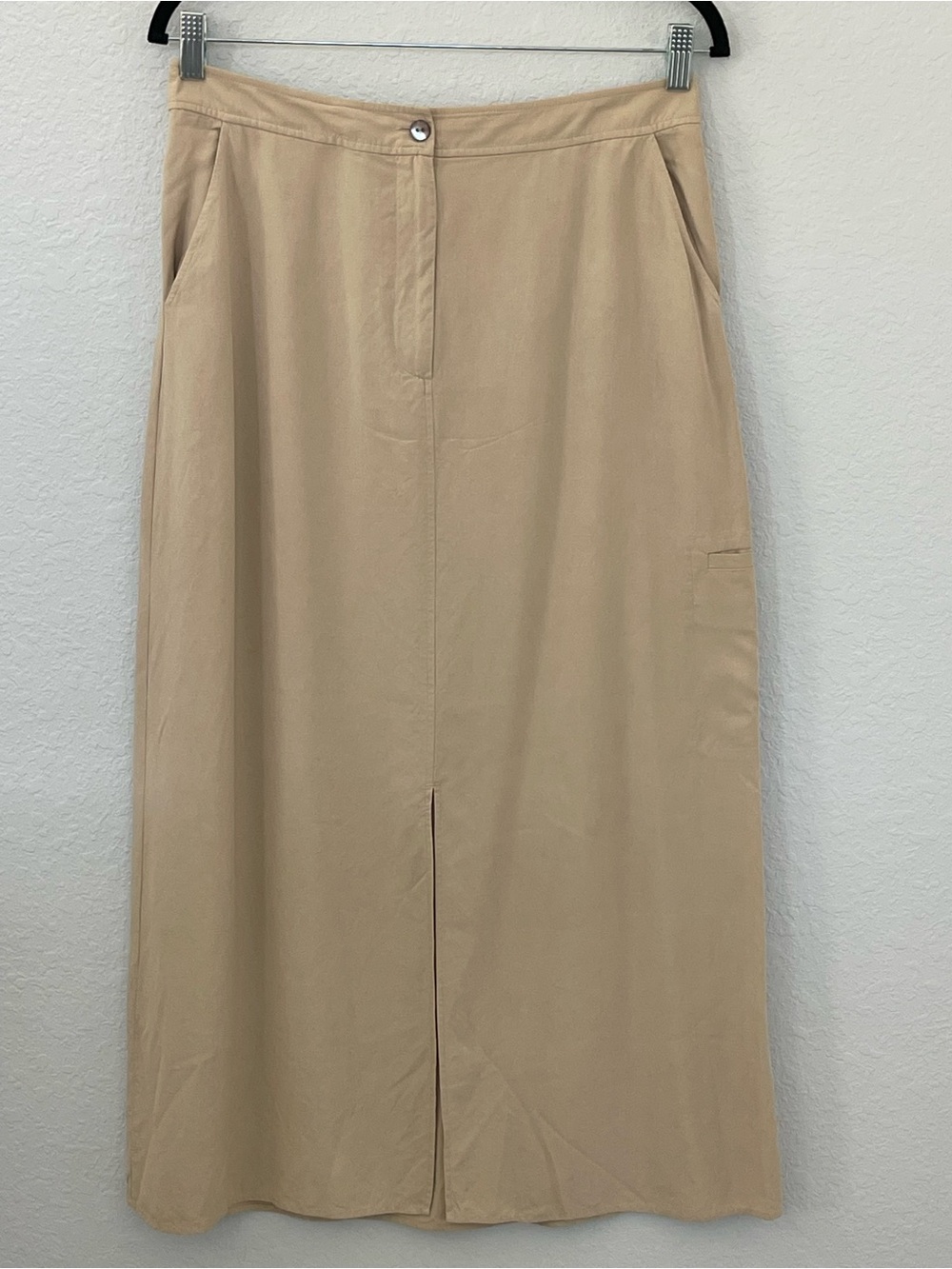 J.Jill Petite 10P 100% Silk Beige Tan Midi Maxi Skirt Side Pocket Slit